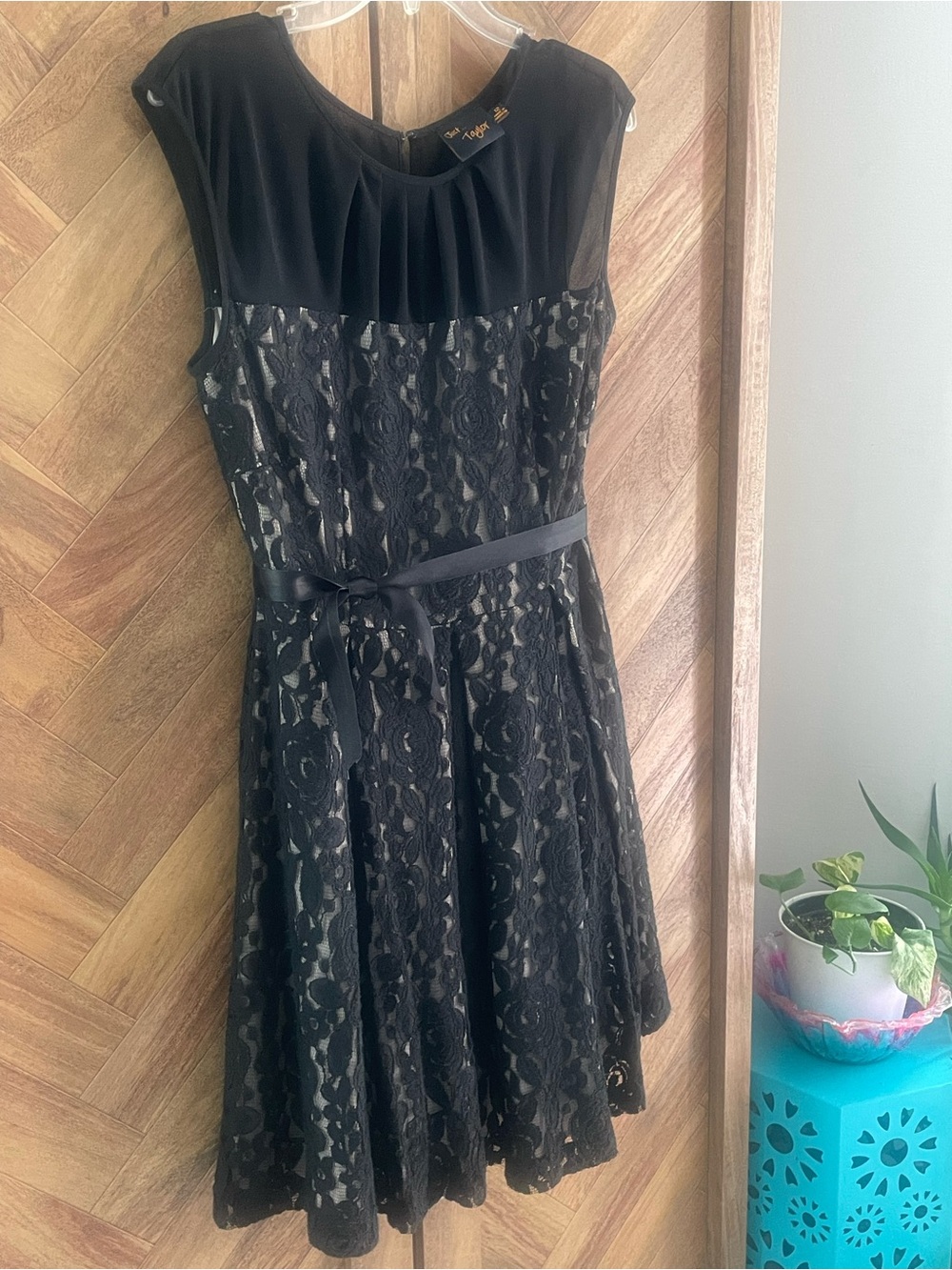 Just...Taylor Black Lace Midi Dress with Satin Waist Tie